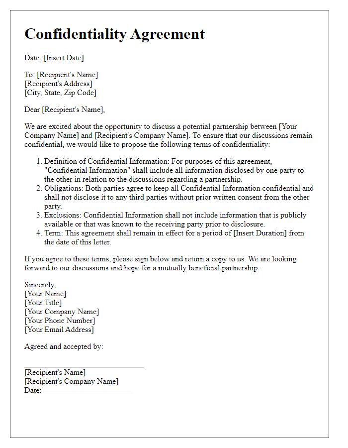 Letter template of confidentiality agreement for partnership discussions