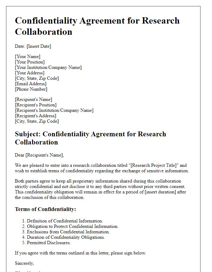 Letter template of confidentiality agreement for research collaboration