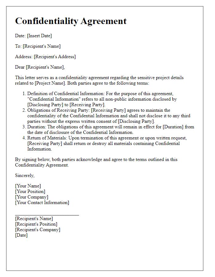 Letter template of confidentiality agreement for sensitive project details