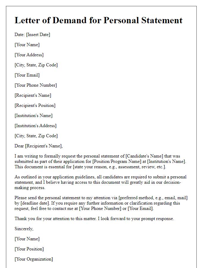 Letter template of demand for candidate personal statement