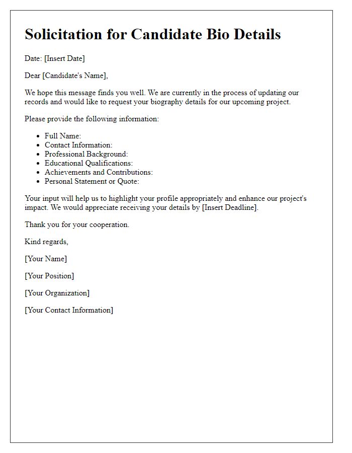 Letter template of solicitation for candidate bio details