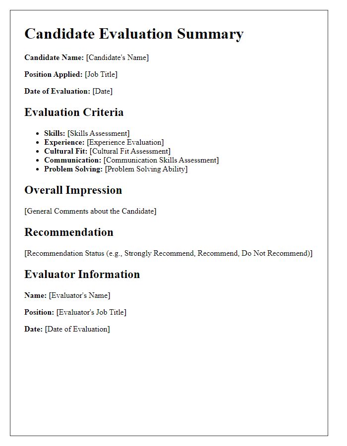 Letter template of candidate evaluation summary