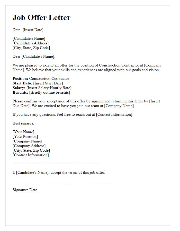 Letter template of construction contractor job offer