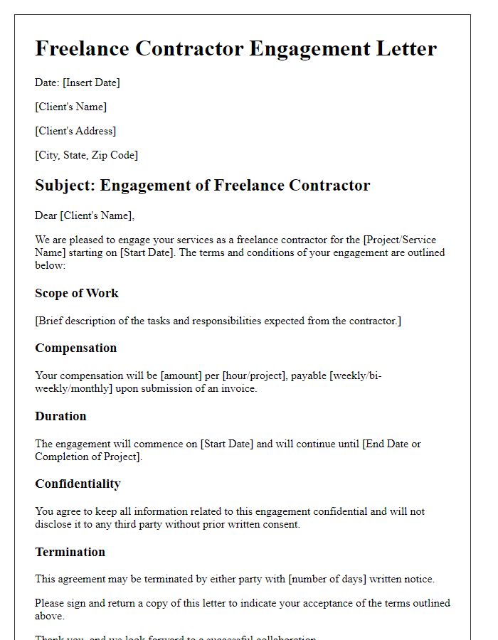 Letter template of freelance contractor engagement