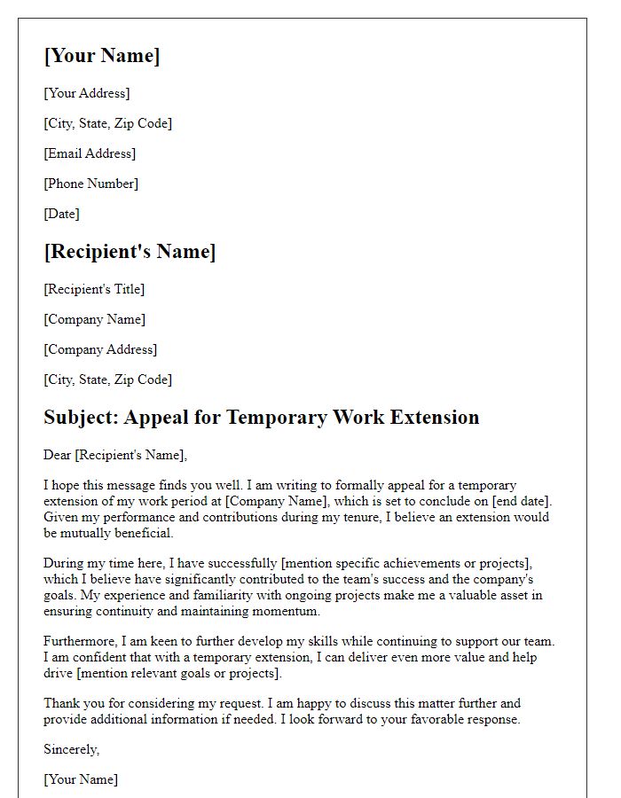 Letter template of formal appeal for temporary work extension based on excellent performance