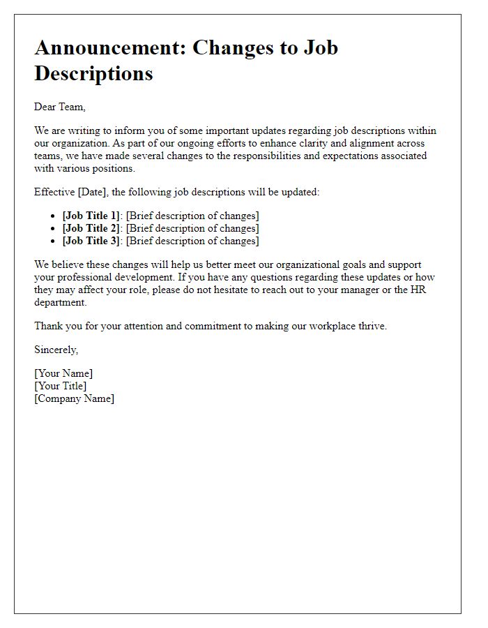 Letter template of announcement for job description changes