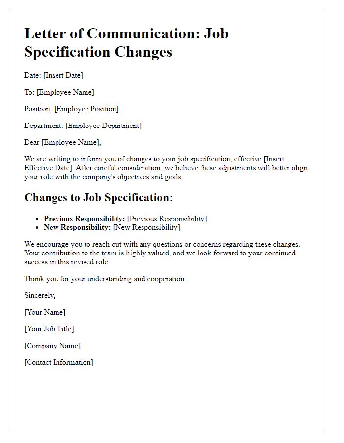 Letter template of communication for job specification changes