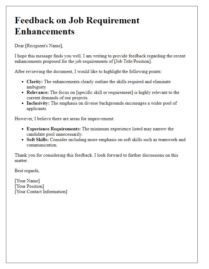 Letter template of feedback on job requirement enhancements