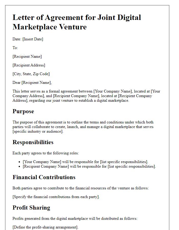 Letter template of agreement for joint digital marketplace venture