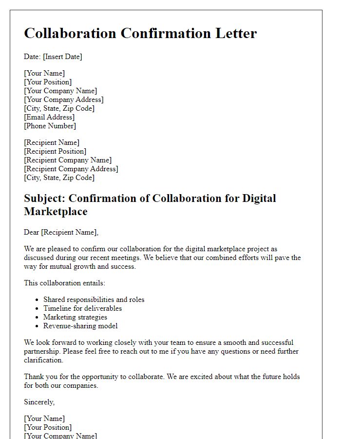 Letter template of confirmation for digital marketplace collaboration