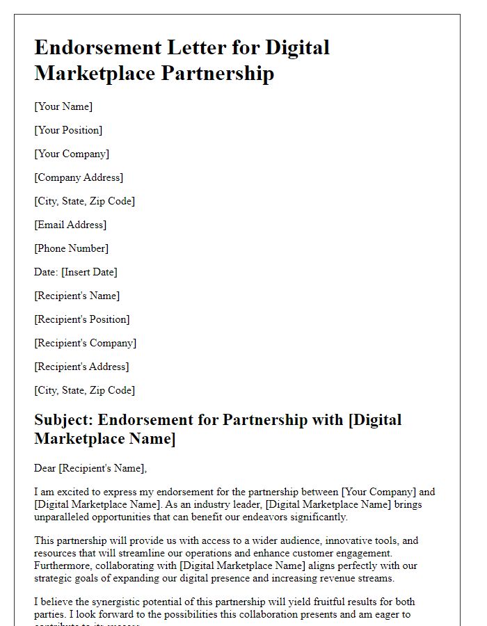 Letter template of endorsement for digital marketplace partnership benefits