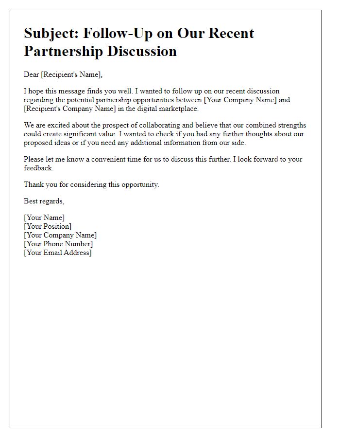 Letter template of follow-up for digital marketplace partnership discussion