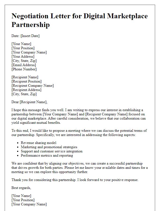 Letter template of negotiation for digital marketplace partnership terms