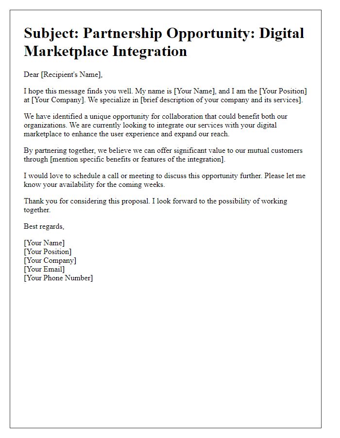 Letter template of outreach for digital marketplace integration