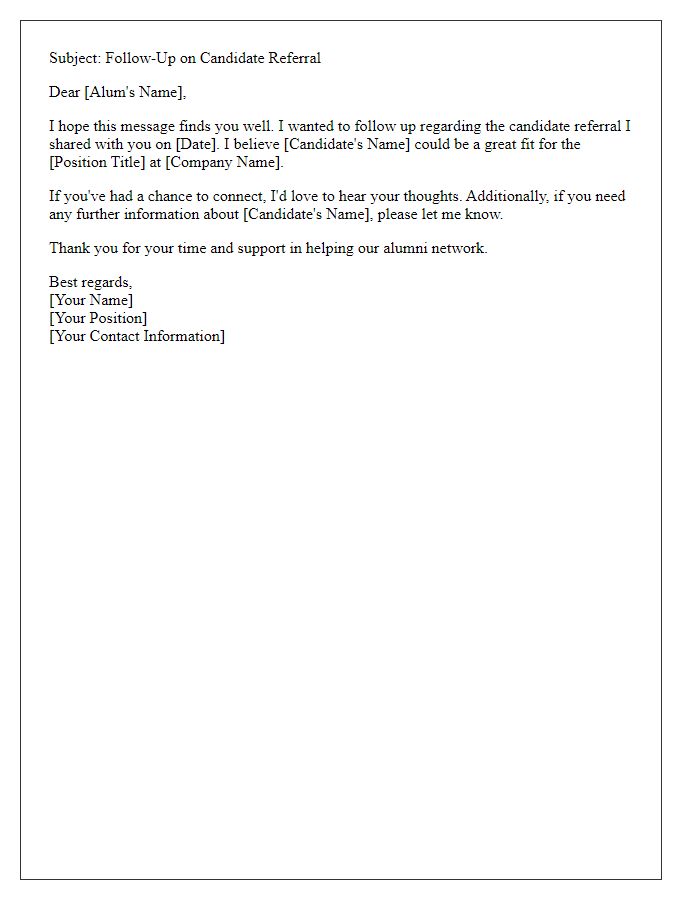 Letter template of candidate referral follow-up for alumni relations.