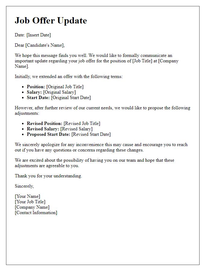 Letter template of altered job offer communication