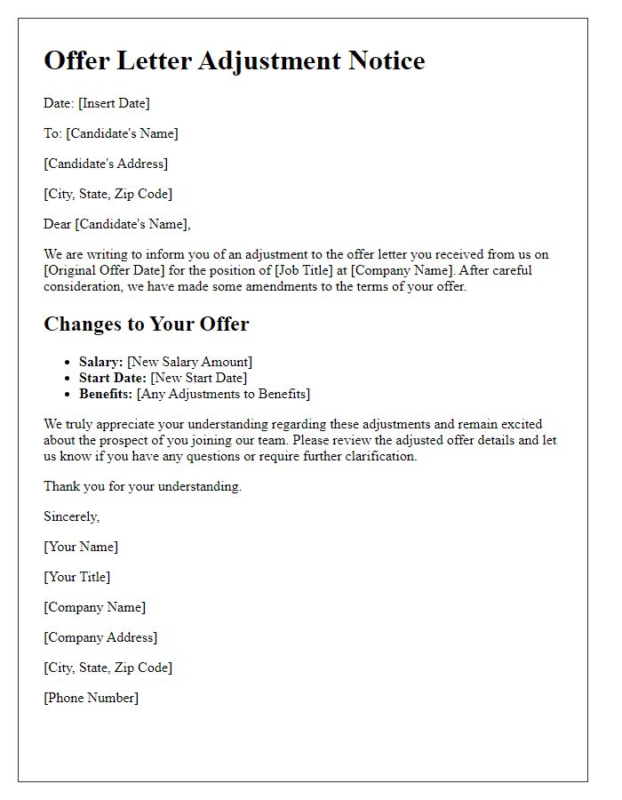 Letter template of offer letter adjustment notice
