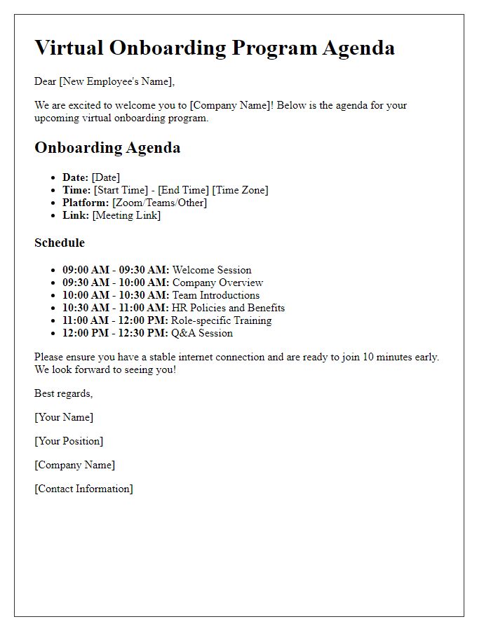 Letter template of agenda for virtual onboarding program.