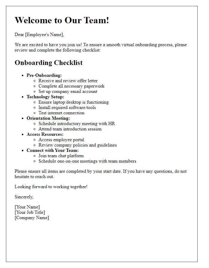 Letter template of checklist for virtual onboarding readiness.