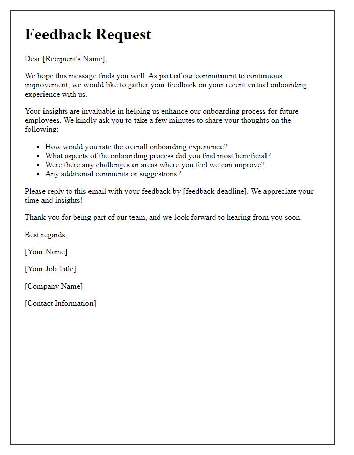 Letter template of feedback request for virtual onboarding experience.