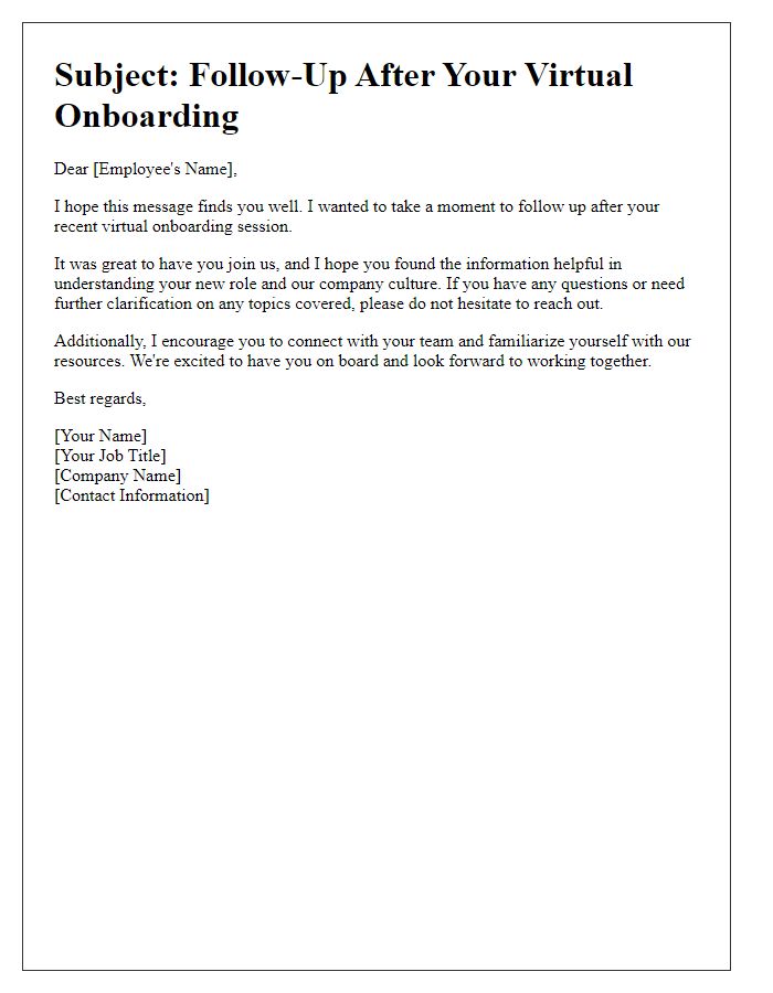 Letter template of follow-up after virtual onboarding.