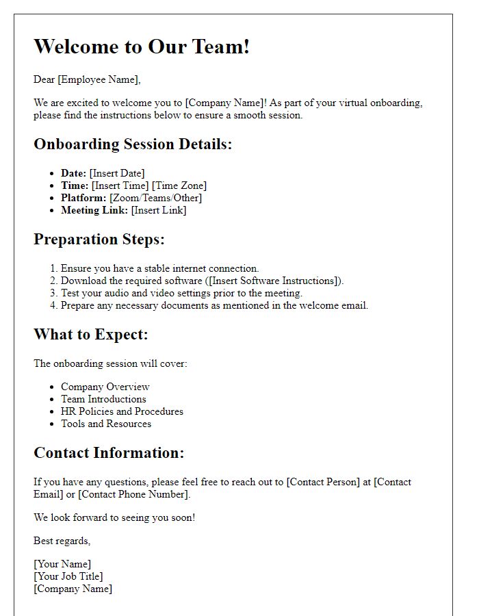 Letter template of instructions for virtual onboarding session.