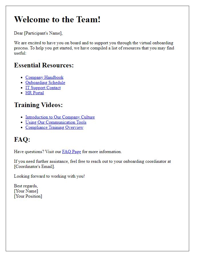 Letter template of resources for virtual onboarding participants.