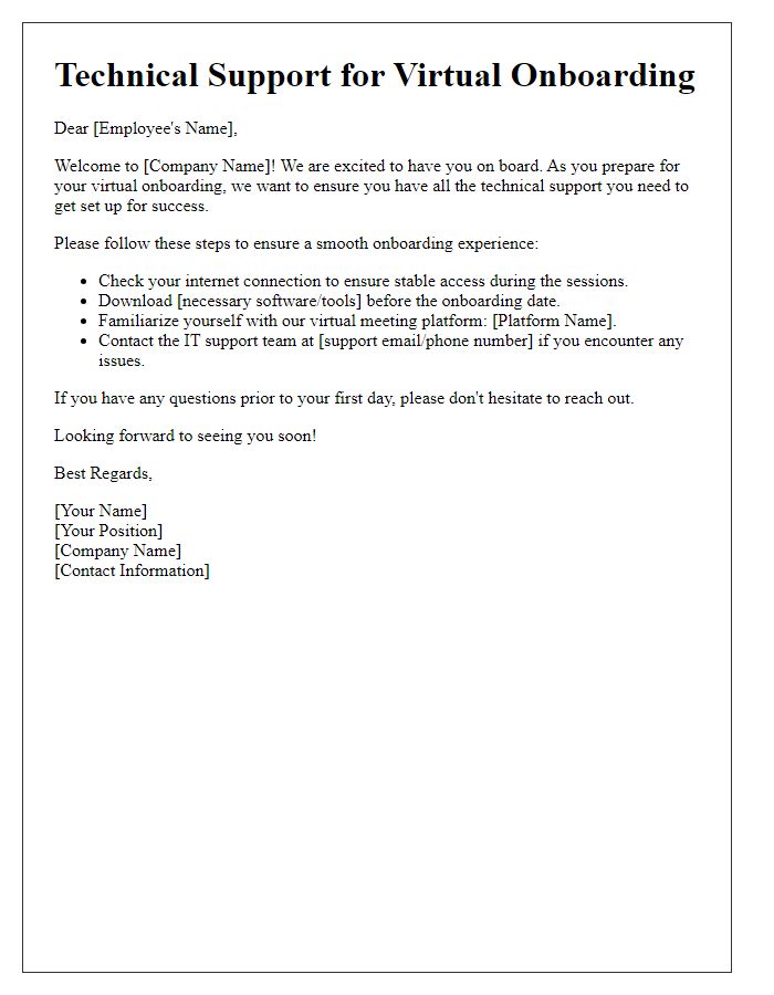 Letter template of technical support for virtual onboarding.