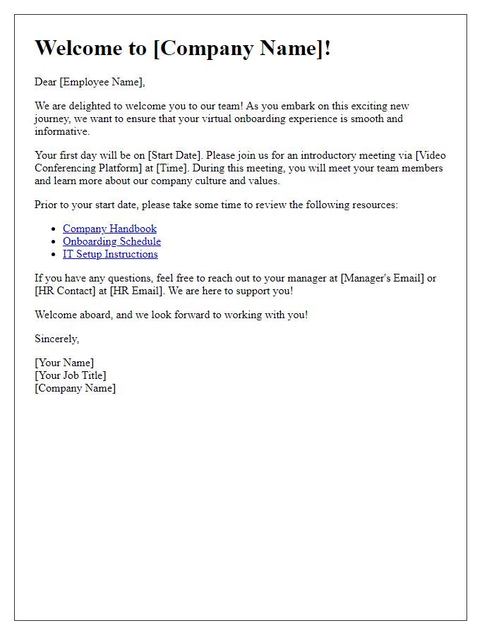 Letter template of welcome for virtual onboarding process.