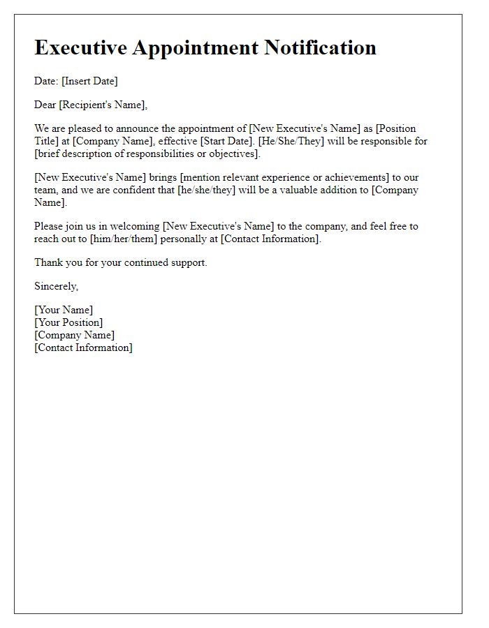 Letter template of New Executive Appointment Notification