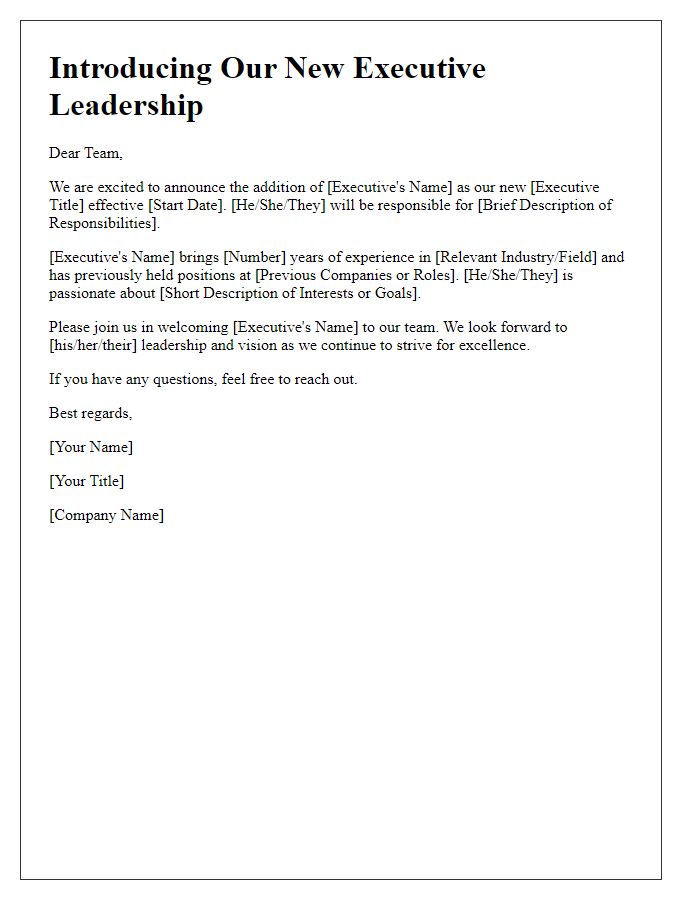 Letter template of New Executive Leadership Introduction