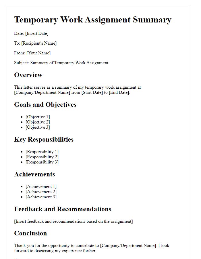 Letter template of summary for temporary work assignment