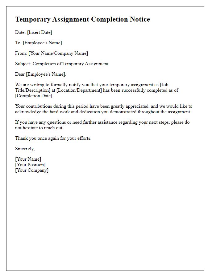 Letter template of temporary assignment completion notice