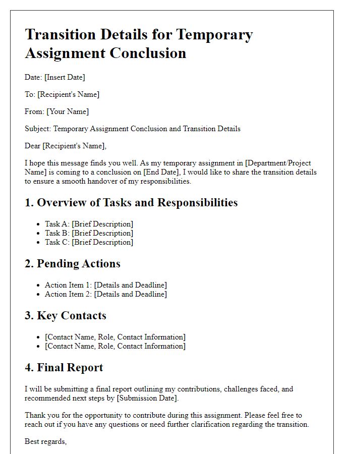 Letter template of transition details for temporary assignment conclusion