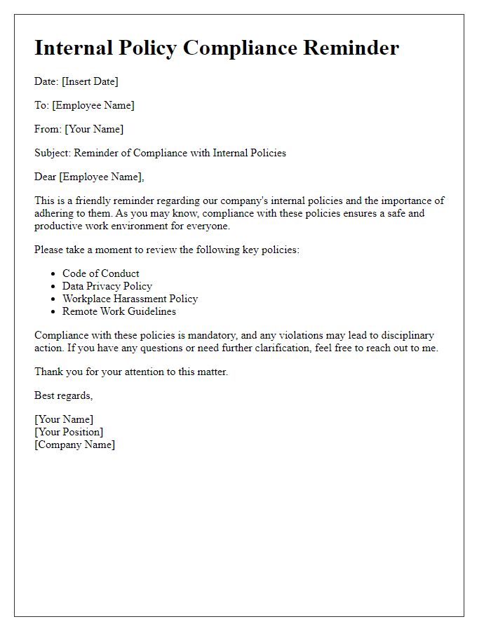 Letter template of internal policy compliance reminder