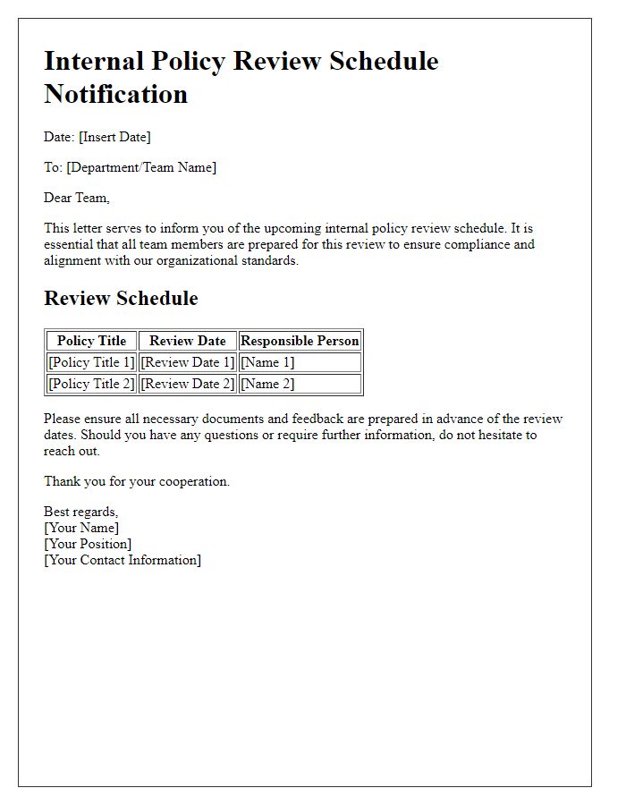 Letter template of internal policy review schedule