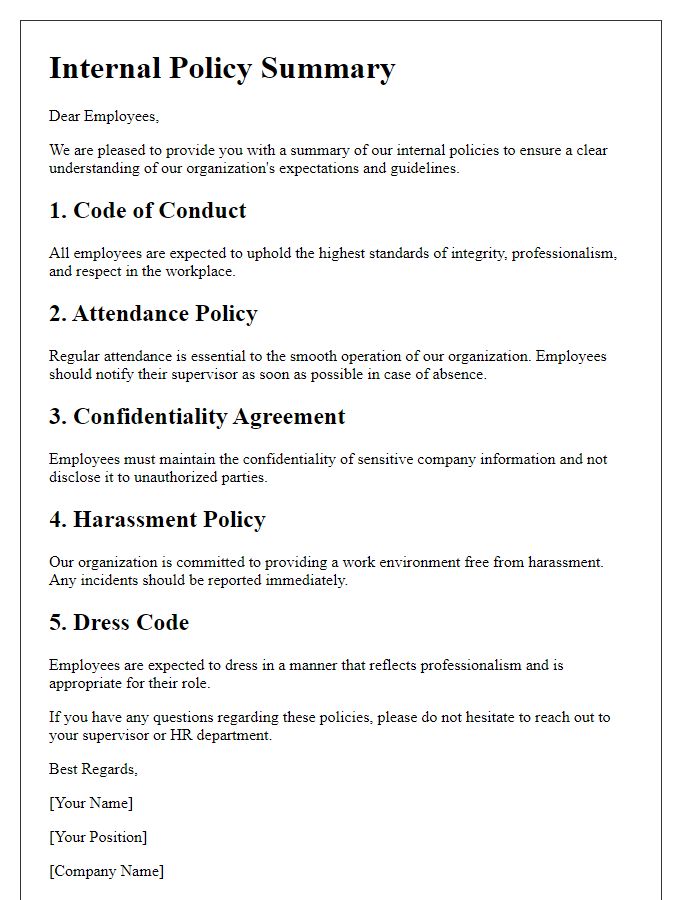 Letter template of internal policy summary for employees