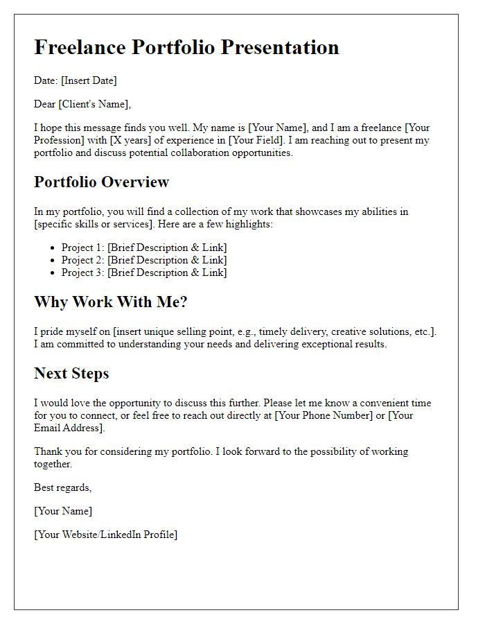 Letter template of freelance portfolio presentation