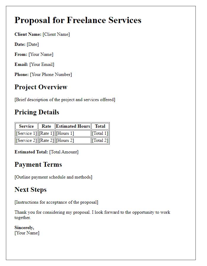 Letter template of freelance pricing proposal