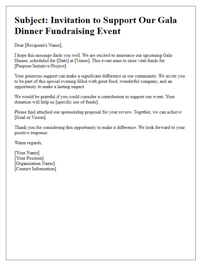 Letter template of gala dinner funding appeal