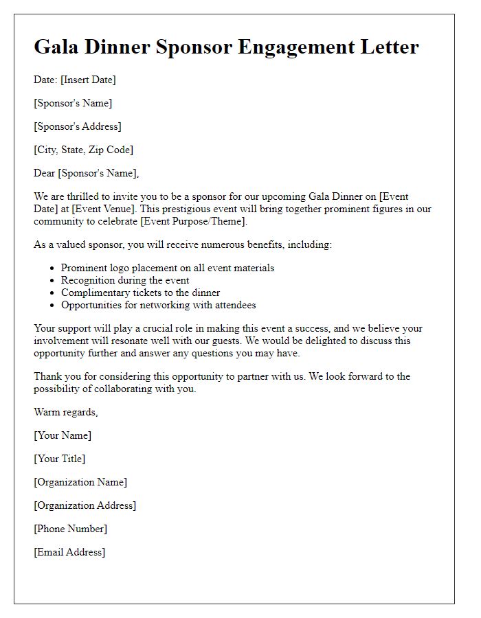 Letter template of gala dinner sponsor engagement letter