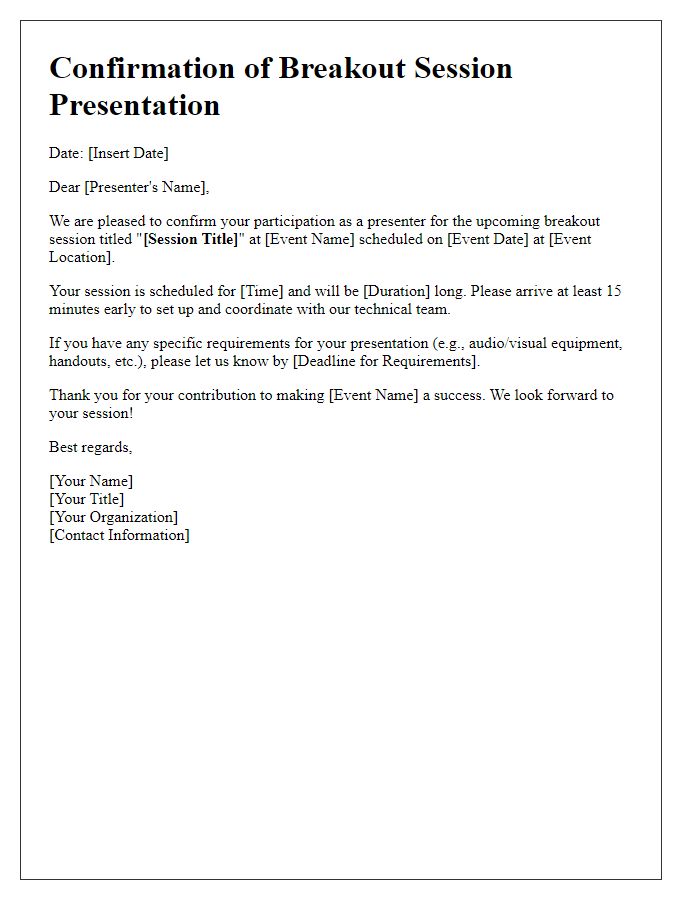 Letter template of confirmation for breakout session presenter