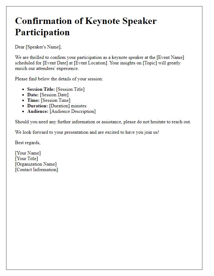 Letter template of confirmation for keynote speaker participation