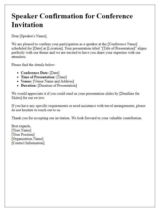 Letter template of speaker confirmation for a conference invitation