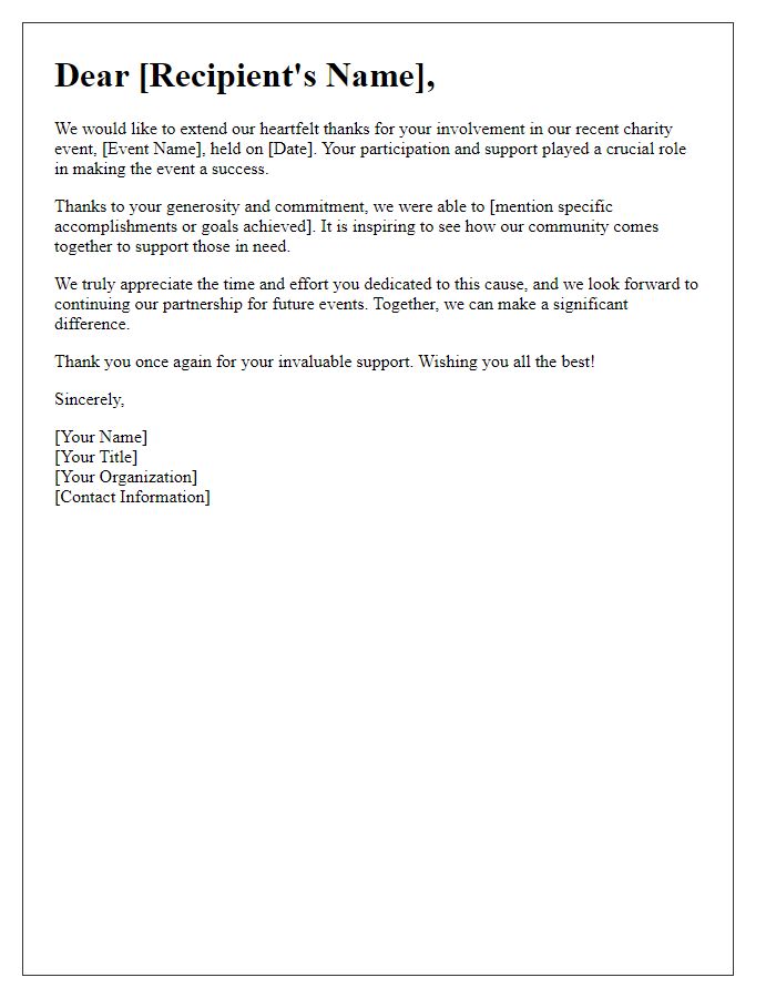 Letter template of warm thanks for community involvement in charity event