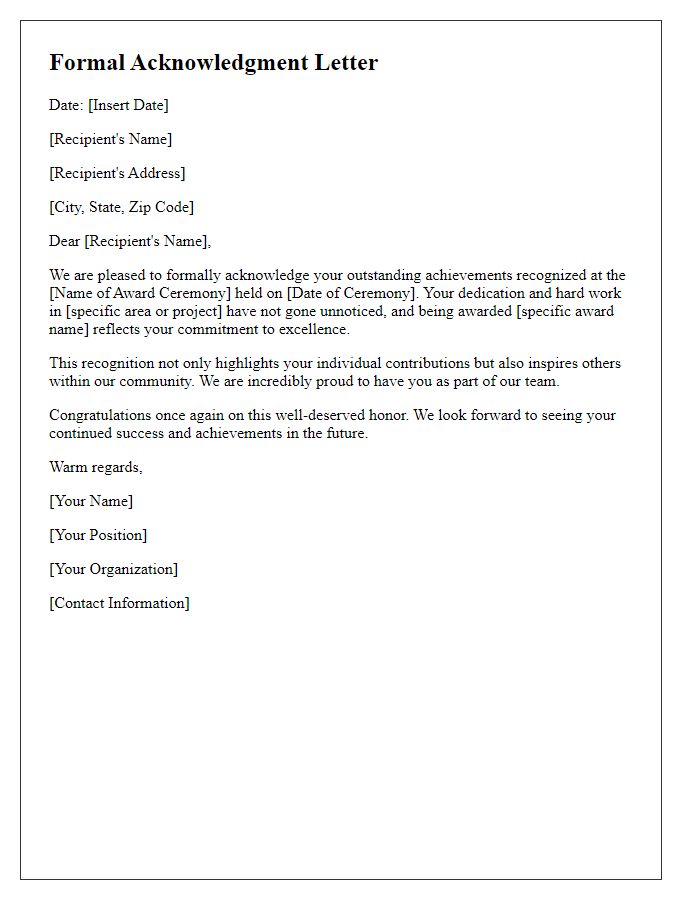 Letter template of formal acknowledgment for award ceremony achievements.