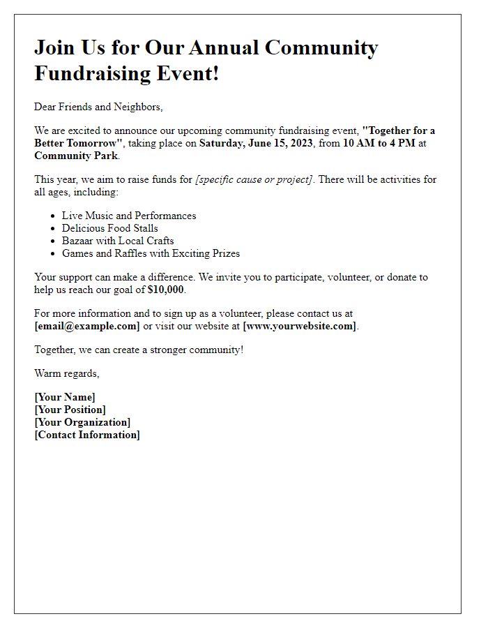 Letter template of community fundraising event promotion