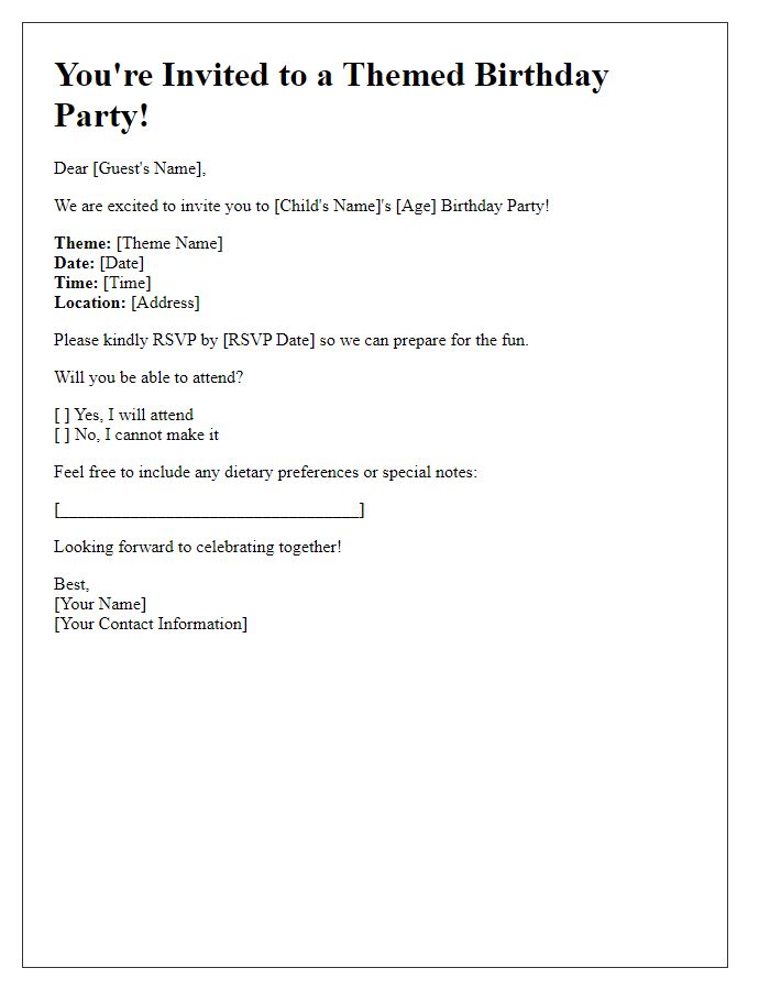 Letter template of themed birthday party RSVP