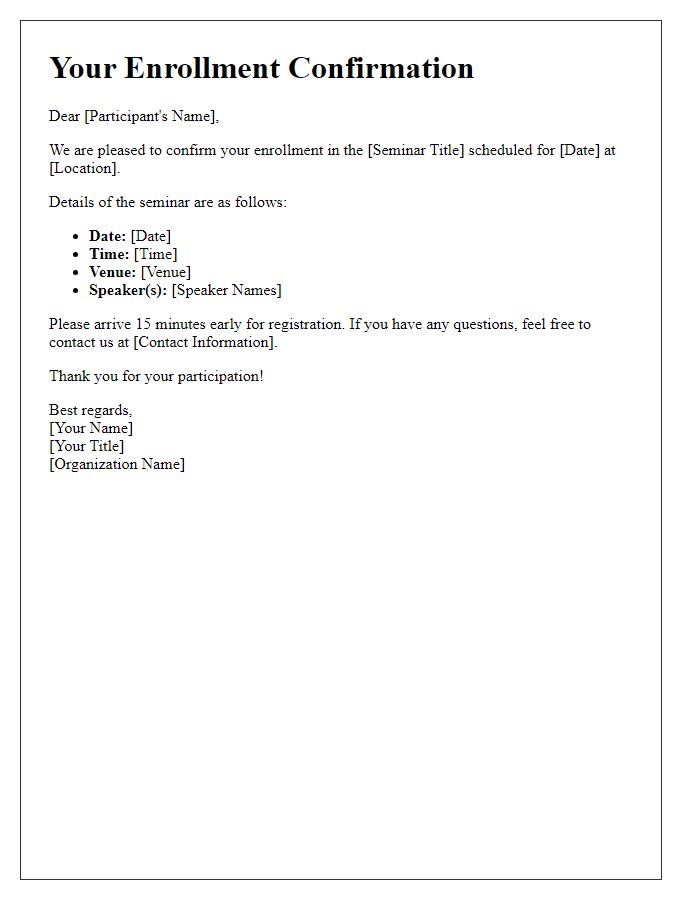 Letter template of seminar enrollment confirmation