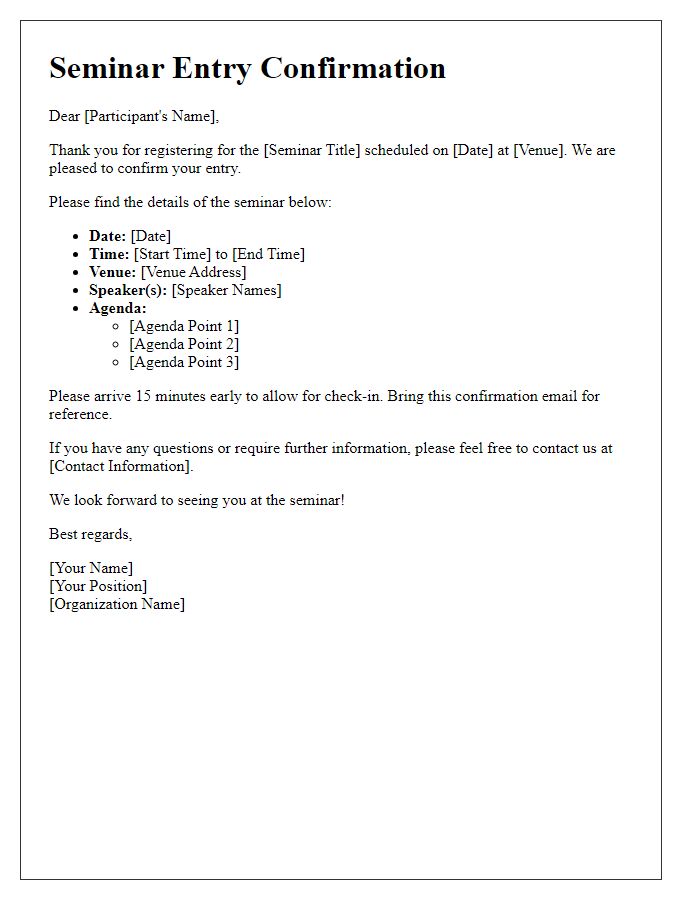 Letter template of seminar entry confirmation